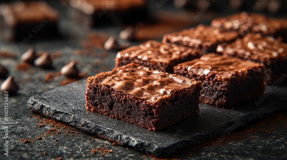 Closeup of Delicious Chocolate Brownies on a Black Slate Serving Board Closeup of Delicious Chocolate Brownies on a Black Slate Serving Board
