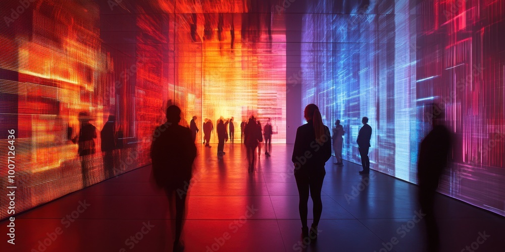 people walking in a hallway with colorful lights