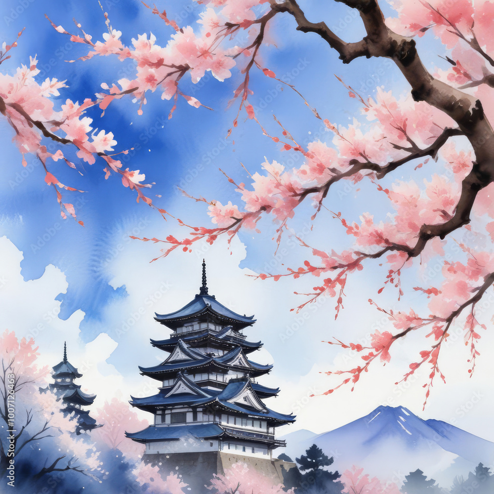 Serene spring landscape with misty mountains, traditional Asian pavilion and cherry blossoms in the foreground Serene spring landscape with misty mountains, traditional Asian pavilion and cherry blossoms in the foreground