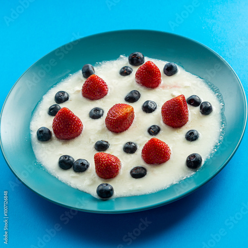 Fresh juicy berries strawberries and blueberries in a blue plate with thick whipped cream