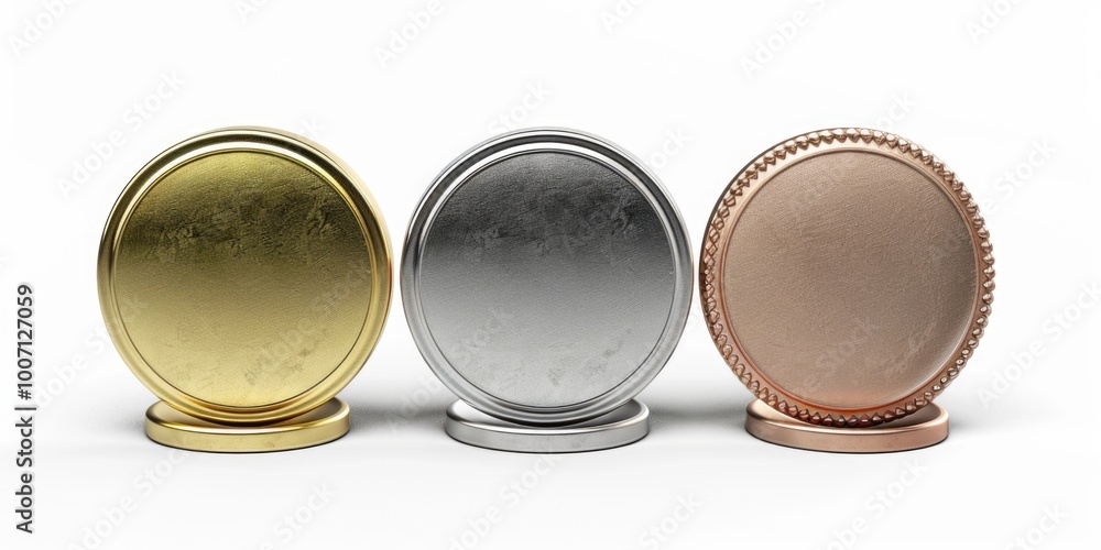 A group of three oval metal objects sitting on a white surface A group of three oval metal objects sitting on a white surface
