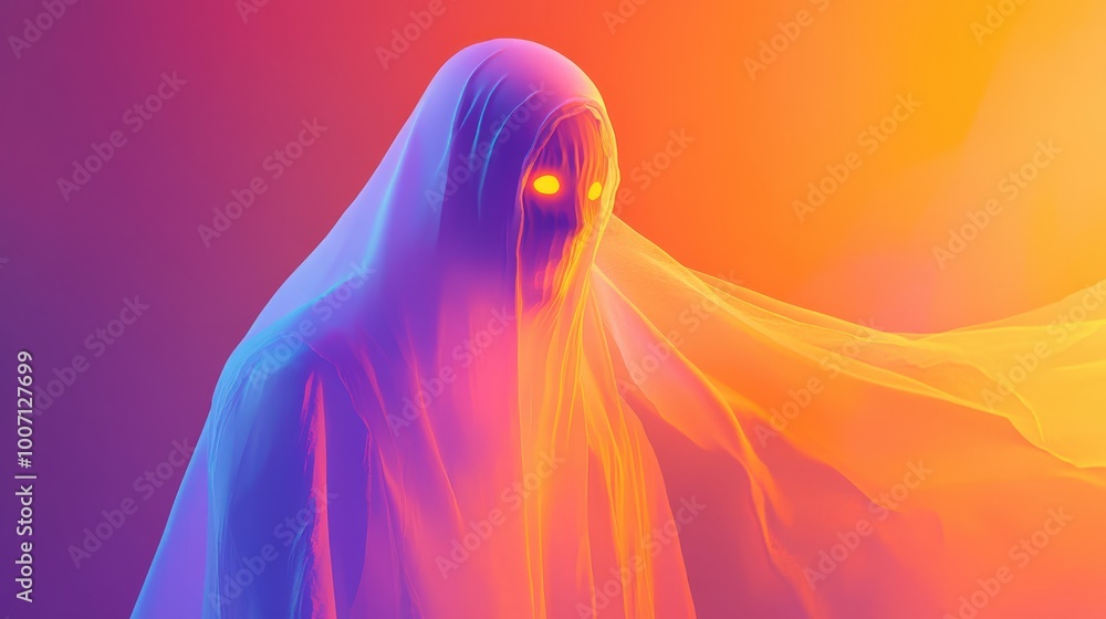 A ghostly figure is shown in a purple and orange background A ghostly figure is shown in a purple and orange background