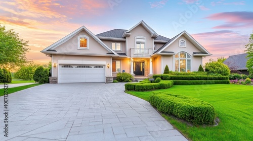 A two-story suburban home with a large driveway, garage, and neatly trimmed bushes lining the pathway to the front door. photo