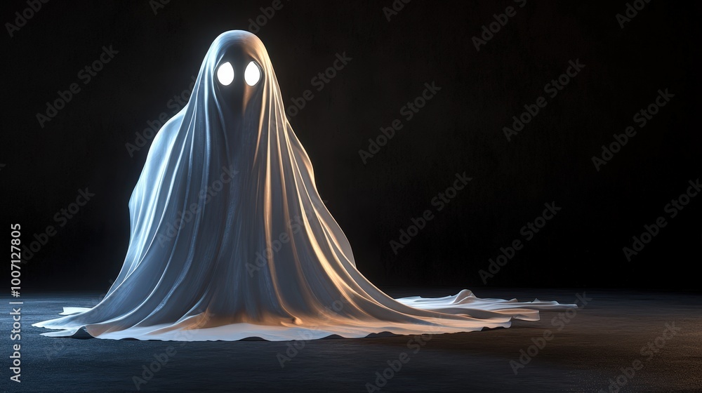 A ghostly figure is draped in white fabric and standing in the dark A ghostly figure is draped in white fabric and standing in the dark