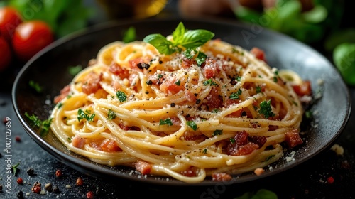 Closeup of Delicious Carbonara Pasta with Bacon, Parmesan Cheese and Basil