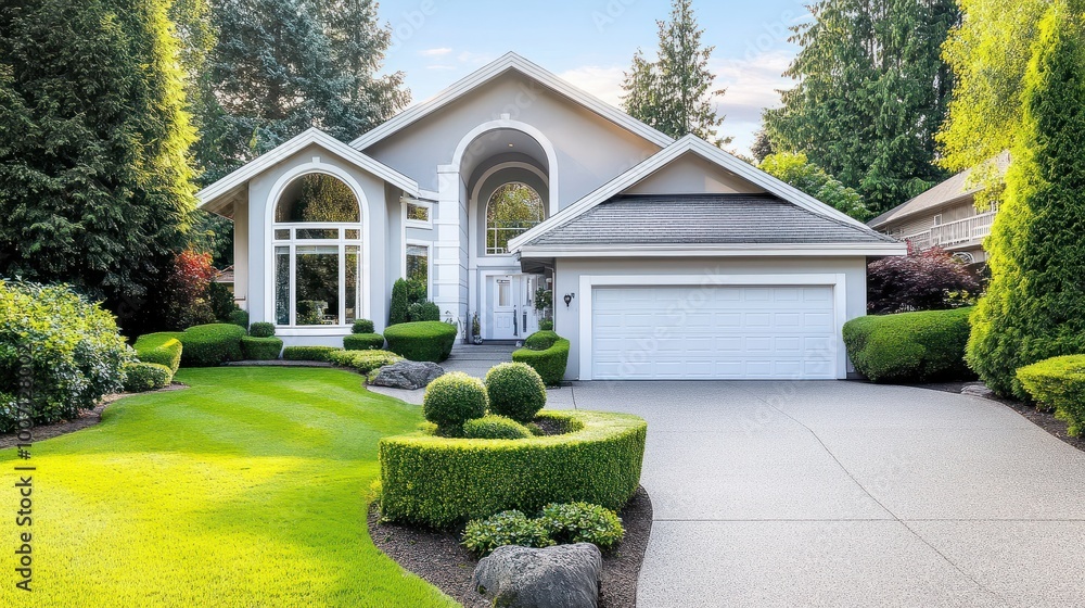 A two-story suburban home with a large driveway, garage, and neatly trimmed bushes lining the pathway to the front door. A two-story suburban home with a large driveway, garage, and neatly trimmed bushes lining the pathway to the front door.