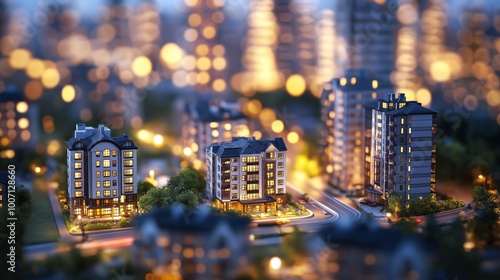 miniature modern condominium cityscape with bokeh light and greenery area, idea for real estate and property invest concept