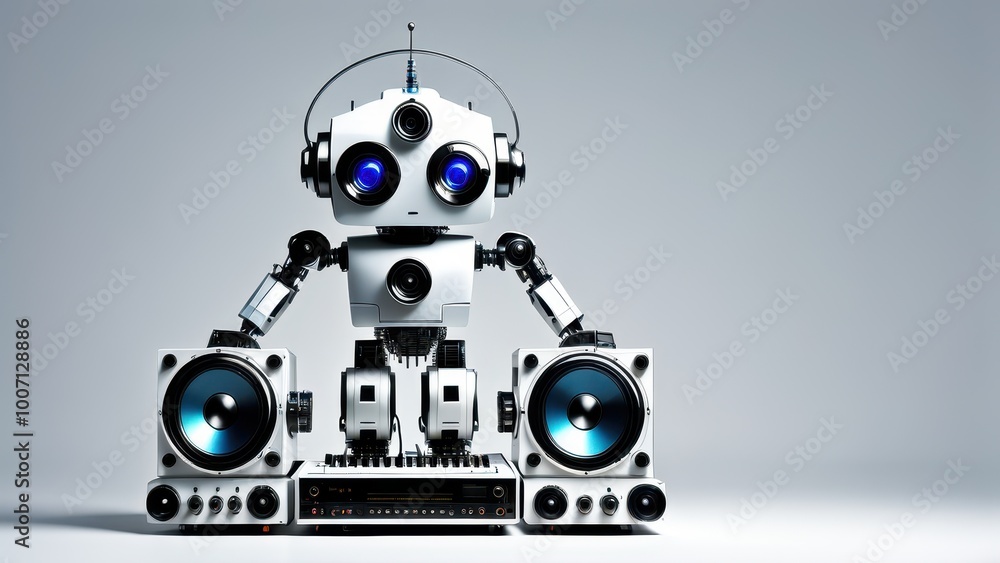 A robot with speakers and a music player, designed for audio entertainment. A robot with speakers and a music player, designed for audio entertainment.