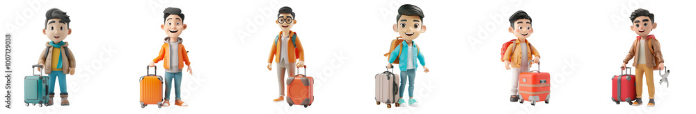 Asian man mascot with travel suitcase, 3D cartoon illustration, isolated on transparent background, cute animated style, beautiful colors, generative ai Asian man mascot with travel suitcase, 3D cartoon illustration, isolated on transparent background, cute animated style, beautiful colors, generative ai