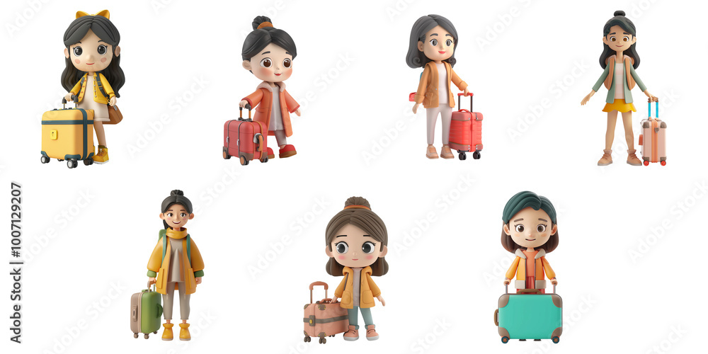 Asian woman mascot with travel suitcase, 3D cartoon illustration, isolated on transparent background, cute animated style, beautiful colors, generative a Asian woman mascot with travel suitcase, 3D cartoon illustration, isolated on transparent background, cute animated style, beautiful colors, generative a