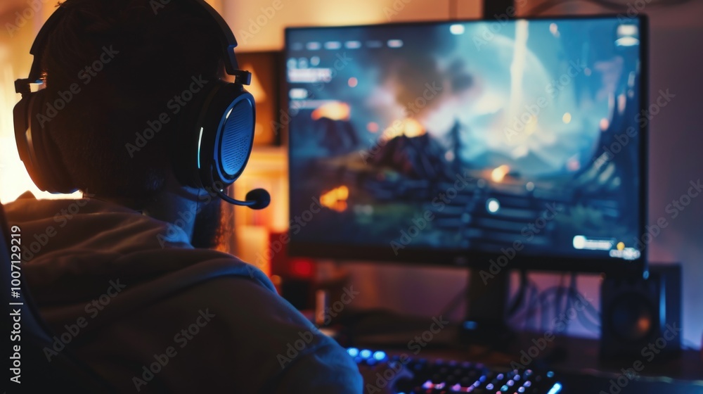 A person sits in front of a computer wearing headphones, focused on their work A person sits in front of a computer wearing headphones, focused on their work