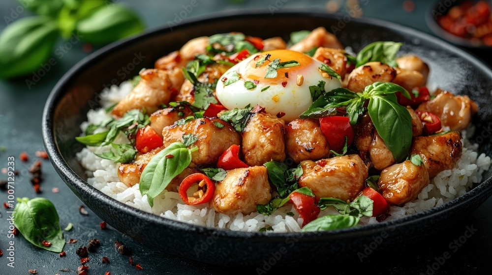 Delicious Chicken and Rice Bowl with Poached Egg and Basil Delicious Chicken and Rice Bowl with Poached Egg and Basil