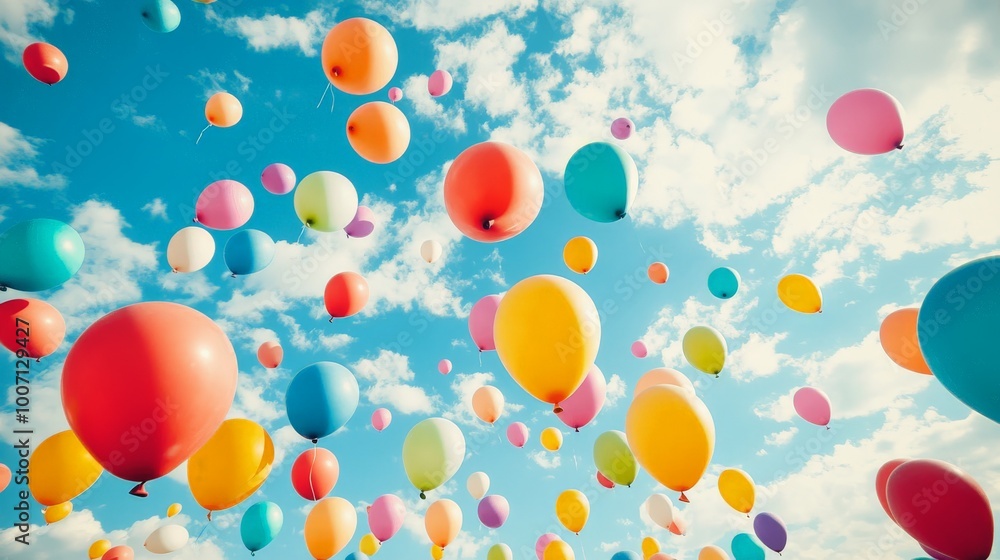 balloons floating upwards in a clear blue sky balloons floating upwards in a clear blue sky