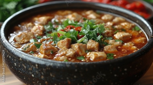 Spicy Mapo Tofu in a Black Bowl