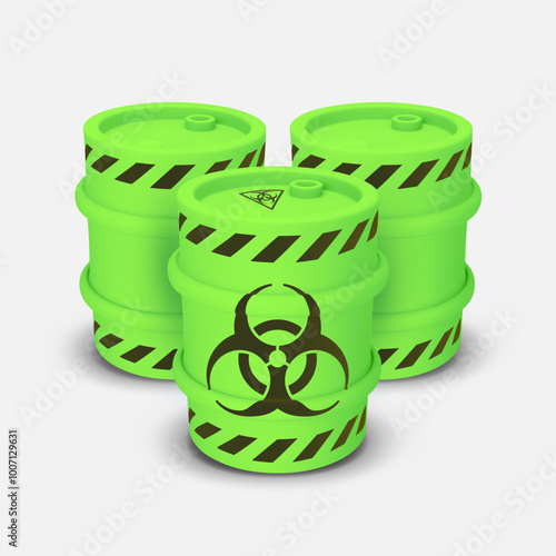 Three round metal drum. 3D rendering. Vector illustration isolated. Barrel of toxic, radioactive waste. Dangerous chemical liquids, flammable gases, toxins, radiation, biological hazard