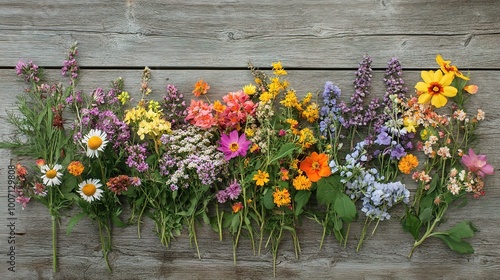 Colorful Assortment of Fresh Wildflowers on Wood