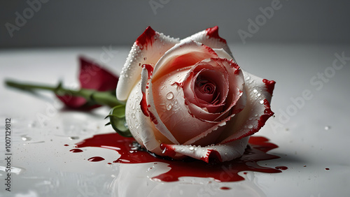 Fototapeta Naklejka Na Ścianę i Meble -  a white rose bleeding on a white table, space for copy