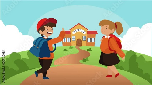 Students Embark on a Colorful Journey to School. Two school kids with their backpacks walking toward school. Back to School concept. 2d Animated illustration. 4k in cartoon.