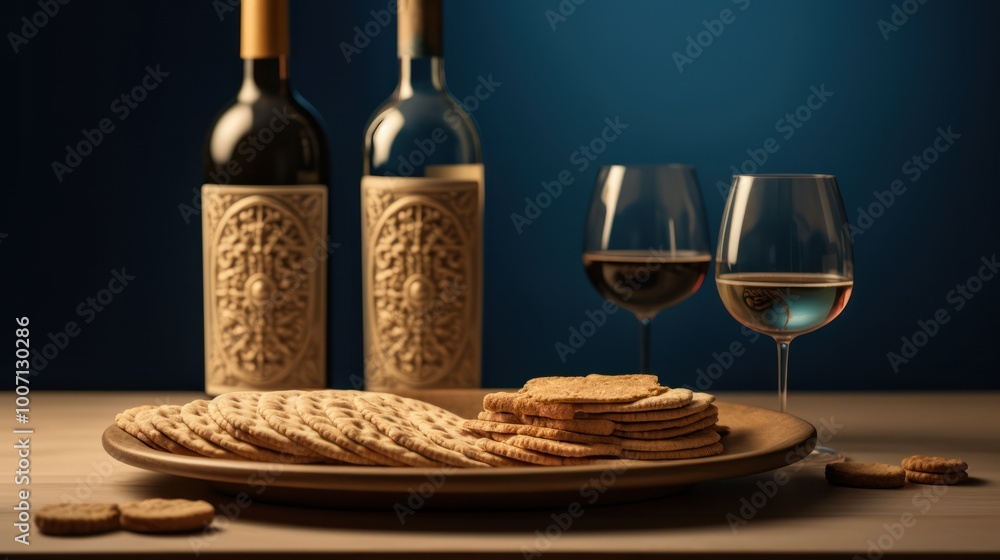 Naklejka premium Wine, Crackers and Two Glasses on Wooden Table