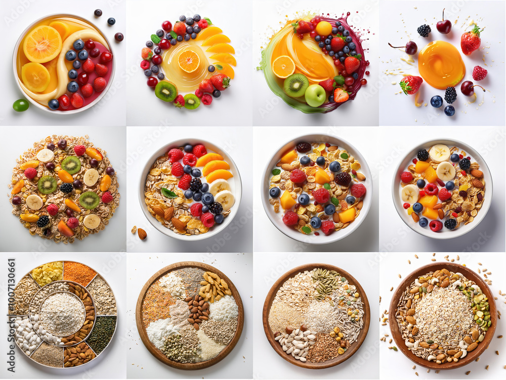 Round fruit mix and cereal mix on white background, isolated Round fruit mix and cereal mix on white background, isolated