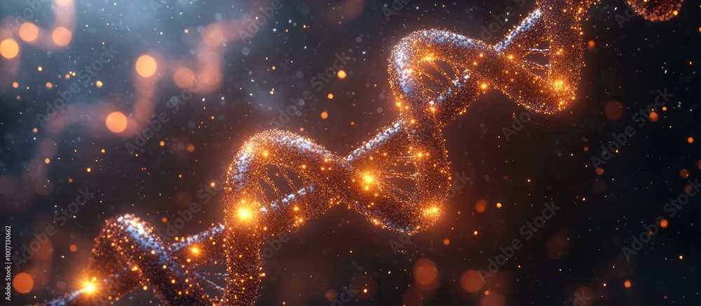 Glowing DNA double helix with particles and bokeh. Glowing DNA double helix with particles and bokeh.