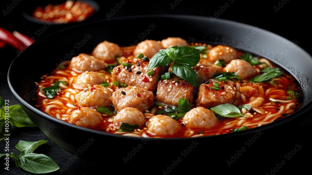 Spicy Asian Noodle Soup with Meatballs and Basil Spicy Asian Noodle Soup with Meatballs and Basil