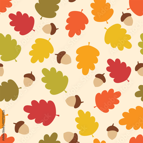 Autumn seamless pattern. Colorful background with fall leaves and acorns. Vector illustration. It can be used for wallpapers, wrapping, cards, patterns for clothes and other.