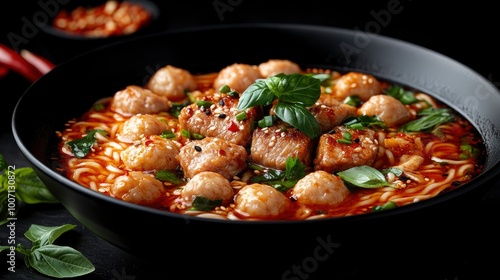 Spicy Asian Noodle Soup with Meatballs and Basil