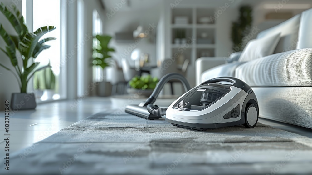 Fototapeta premium A sleek modern vacuum cleaner in a tidy light gray room, prepared for immediate use. The appliance exudes professionalism and efficiency for cleaning tasks in any environment