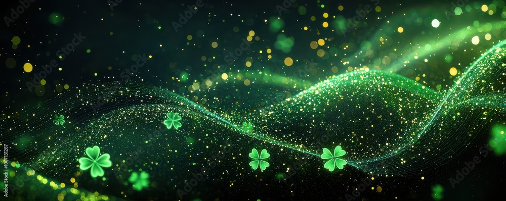 St. Patrick's Day background with glowing green shamrocks and sparkling lights creating a festive and magical atmosphere St. Patrick's Day background with glowing green shamrocks and sparkling lights creating a festive and magical atmosphere