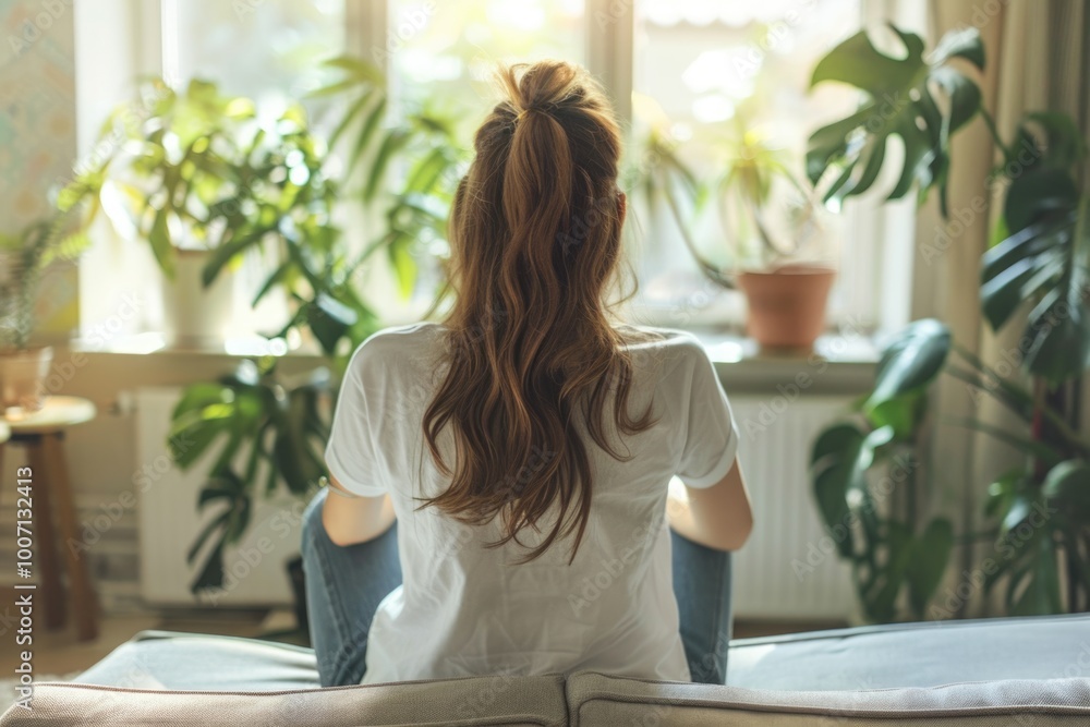 A woman sits on a bed in front of an open window, looking outside A woman sits on a bed in front of an open window, looking outside