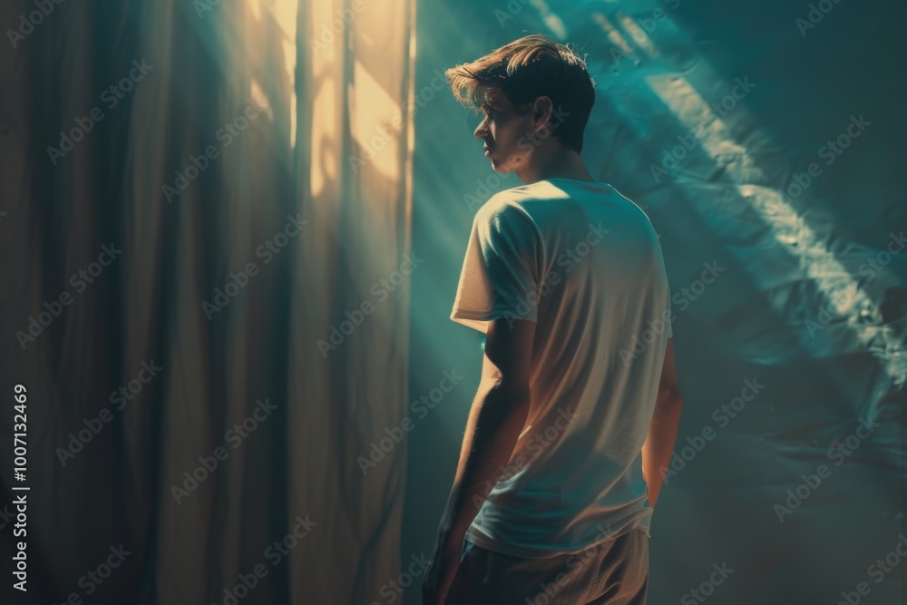 A person standing in front of a curtain, ready to reveal what's behind A person standing in front of a curtain, ready to reveal what's behind