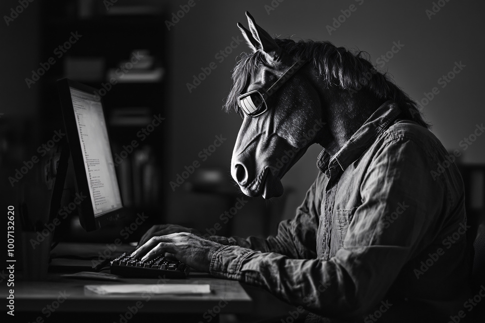 Humorous surreal portrait of a horse-headed person in business attire working at a computer, blending human and animal features in a dimly lit office environment. Humorous surreal portrait of a horse-headed person in business attire working at a computer, blending human and animal features in a dimly lit office environment.