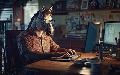 Humorous surreal portrait of a horse-headed person in business attire working at a computer, blending human and animal features in a dimly lit office environment. photo