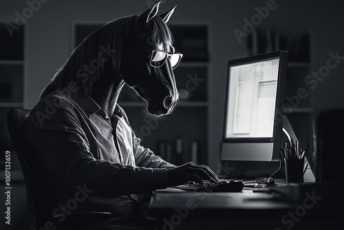 Humorous surreal portrait of a horse-headed person in business attire working at a computer, blending human and animal features in a dimly lit office environment. photo