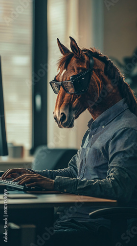 Humorous surreal portrait of a horse-headed person in business attire working at a computer, blending human and animal features in a dimly lit office environment. photo