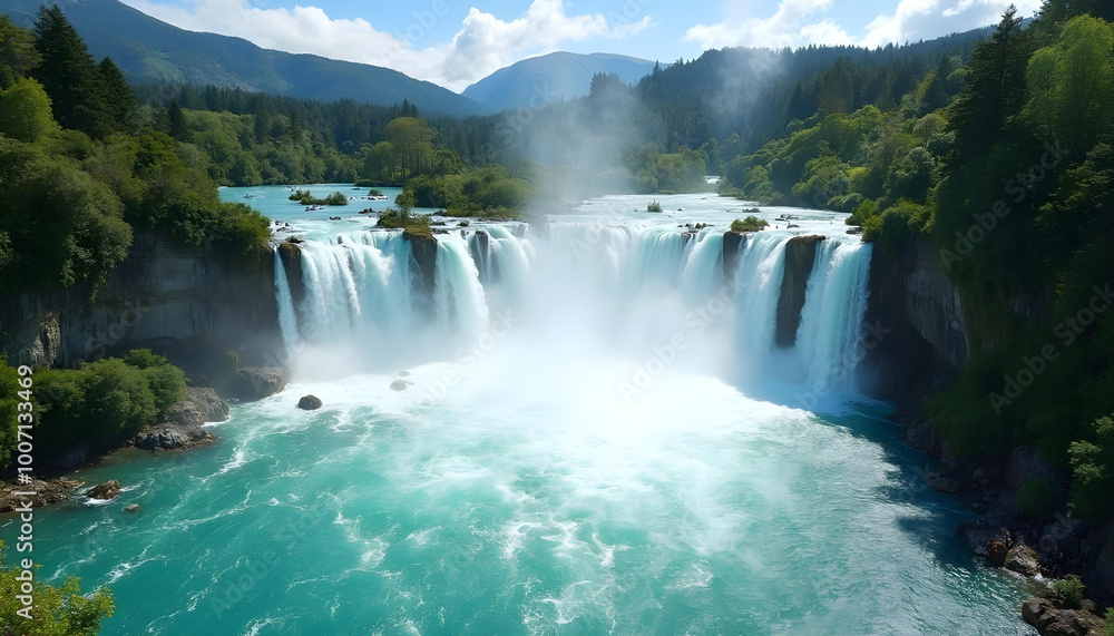 Fototapeta premium turquoise water, green forest on background. Beautiful landscape view. Active summer holidays.