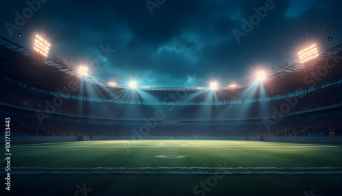 Stadium floodlights against a dark night sky background with copy space