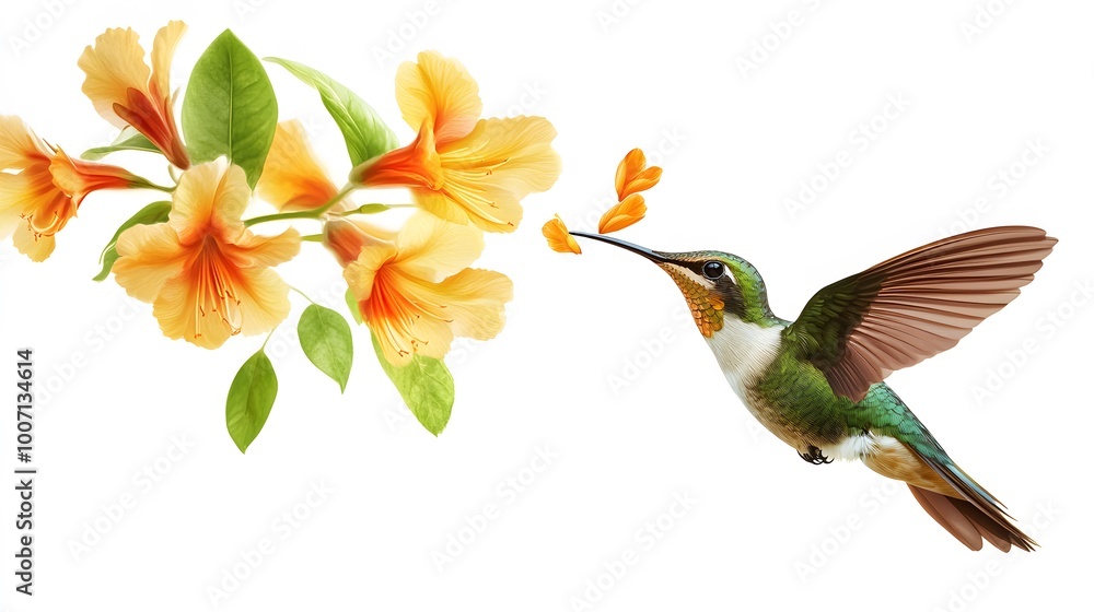 Obraz premium Sword-billed Hummingbird Flying and Sucking Nectar from Flower, on White Background, Photo Realistic, Wallpaper, Cover and Screen for Smartphone, PC, Laptop, 9:16 and 16:9 Format