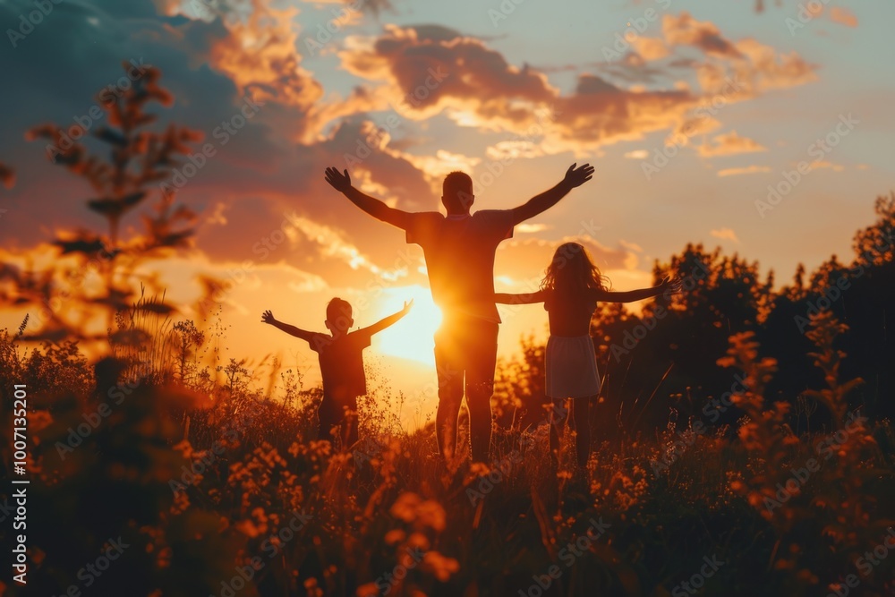 A family of three standing together in a field at sunset A family of three standing together in a field at sunset