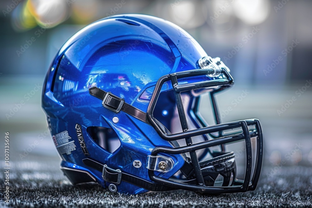 A blue football helmet sits atop a grassy field, ready for action A blue football helmet sits atop a grassy field, ready for action