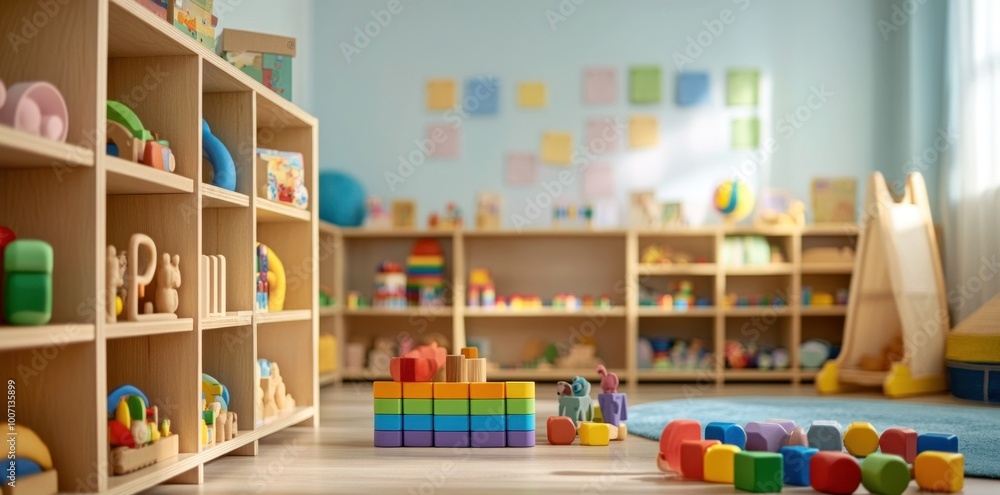 A brightly lit room with a lot of toys and a lot of shelves A brightly lit room with a lot of toys and a lot of shelves