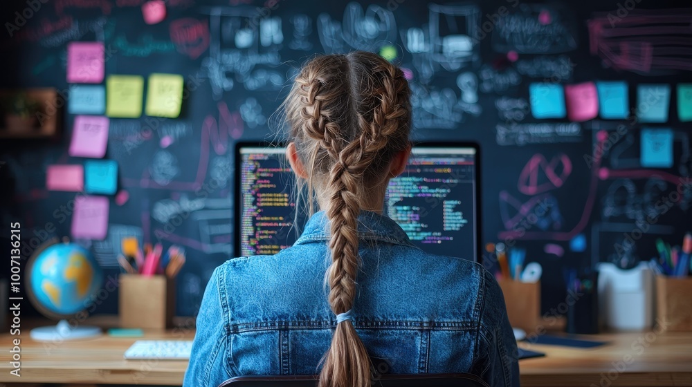 Obraz premium Young woman coding on computer with creative workspace background.