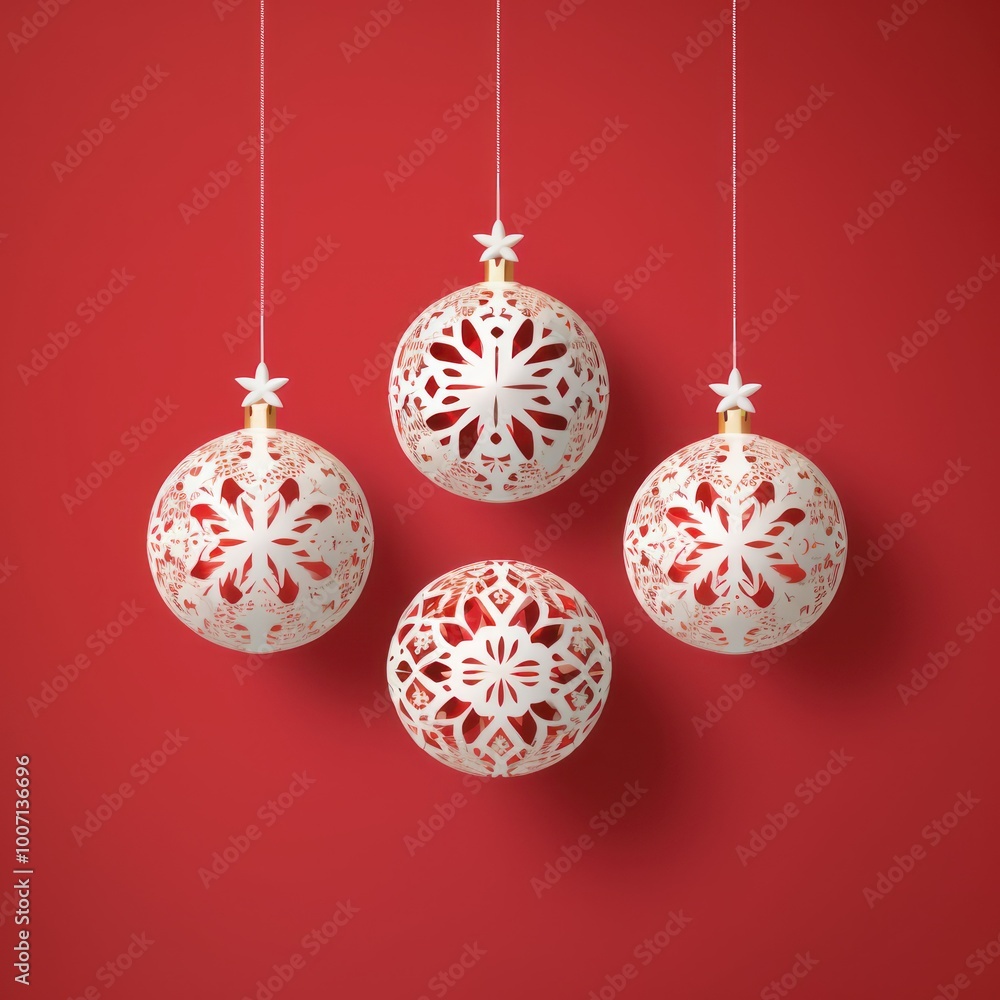 White Christmas Ornament Baubles with Intricate Design Hanging Against Red Background White Christmas Ornament Baubles with Intricate Design Hanging Against Red Background
