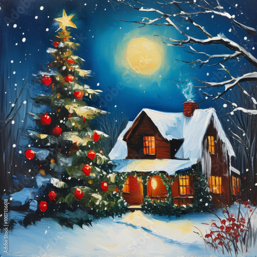 Festive Homes in a Snowy Christmas Village. Christmas Decorations Adorning Snow-Covered Houses. Festive Christmas Street with Snow and Lights. Snowy Holiday Street with Christmas Trees and Lights