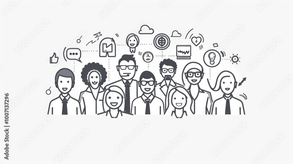 A group of people posing together with various social media icons displayed above them A group of people posing together with various social media icons displayed above them