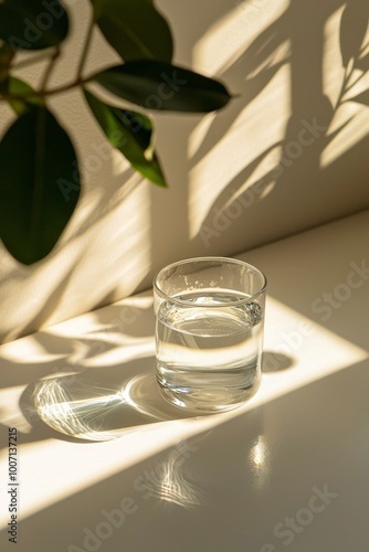 A glass of water on a clean table with soft sunlight photo