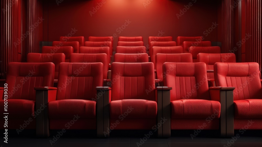 A row of red theater seats in a dimly lit cinema, creating a cozy viewing atmosphere. A row of red theater seats in a dimly lit cinema, creating a cozy viewing atmosphere.