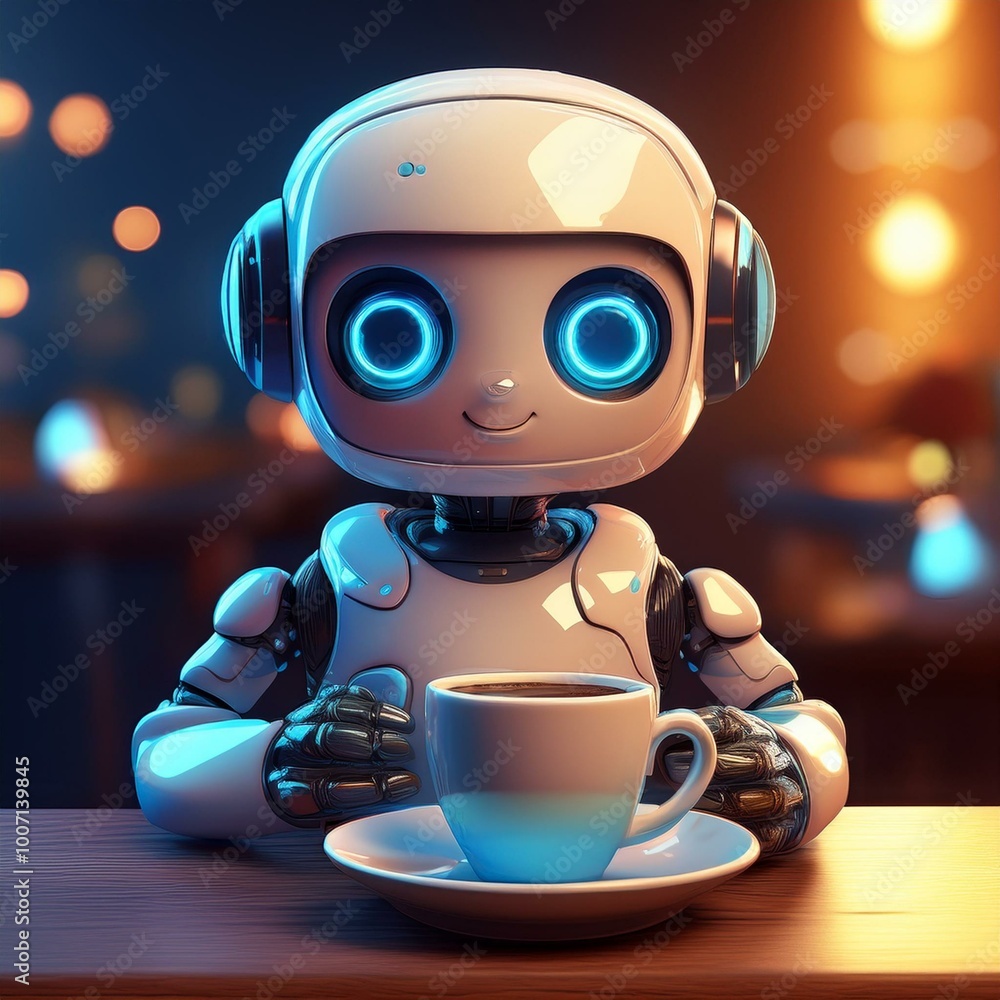 Cute Cartoon Robot Drinking a Cup of Coffee Cute Cartoon Robot Drinking a Cup of Coffee