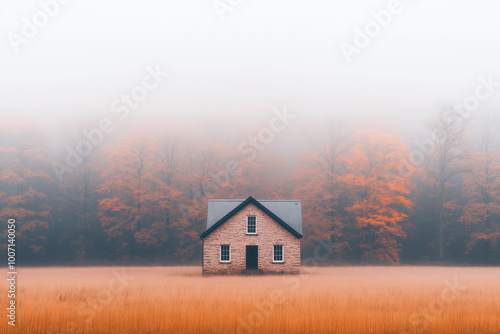 Lonely house in a foggy field surrounded by autumn trees, misty morning landscape